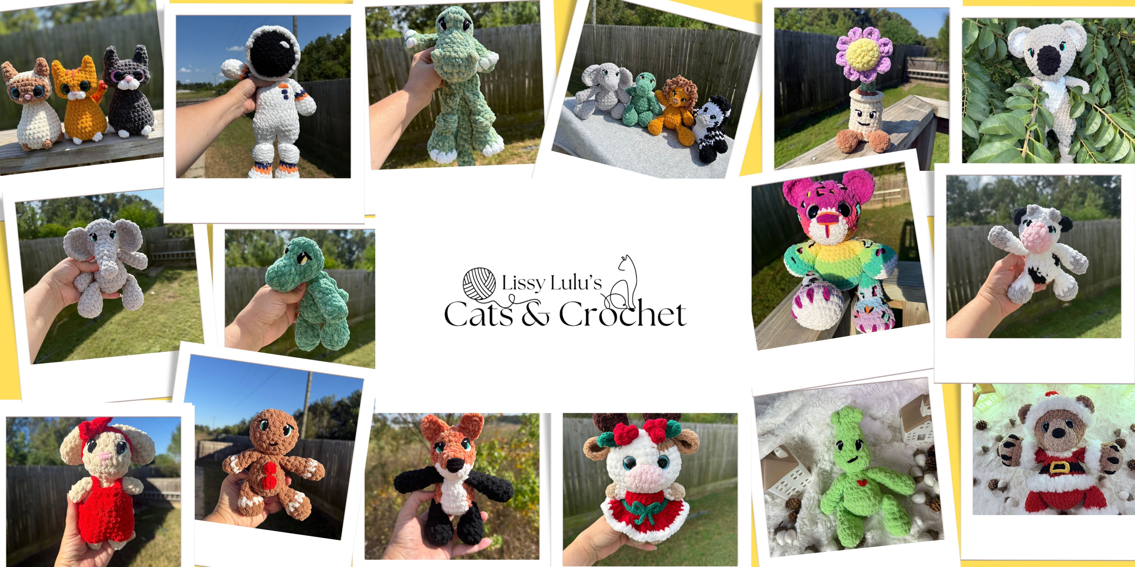 Collage of various crocheted animals with Lissy Lulu's Cats & Crochet logo in the center.